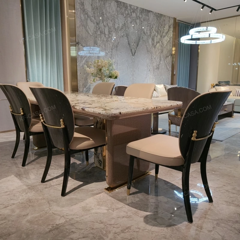 White Marble Dining Table with Woven Leather Side Panels and Polished Metal Frame
